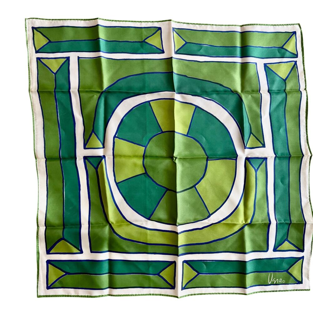 Vintage 70's VERA Signature Geometric Art Print Square Scarf Green Retro Mod